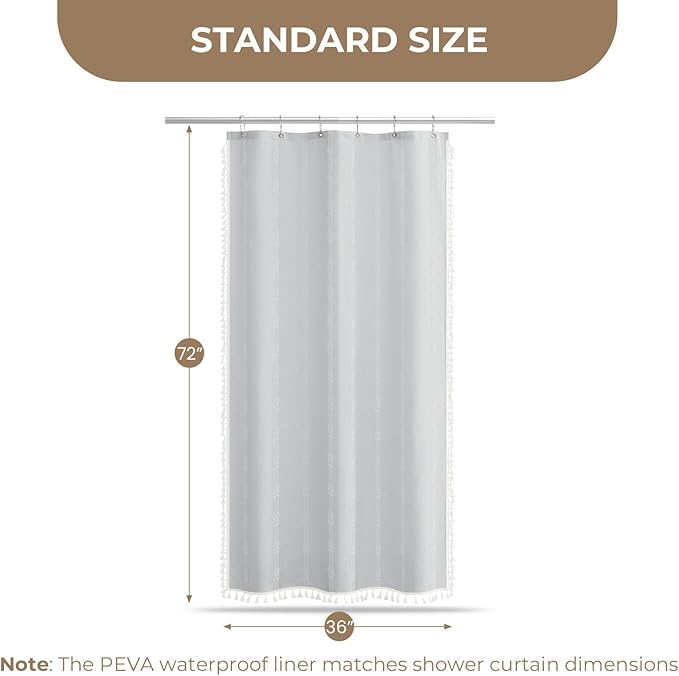 downluxe Linen Texture 3 in 1 Farmhouse Shower Curtain Set with Tassel, Boho Fabric Shower Curtains for Bathroom, Grey, 36W x 72L