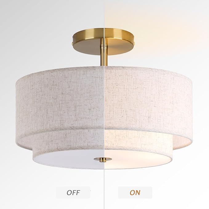 16" Double Drum Gold 3-Light Semi Flush Mount Ceiling Light, Classic Fabric Linen Shade Design for Living Room, Bedroom, Kitchen, Dining Room, Hallway and Entryway