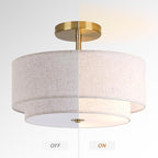 16" Double Drum Gold 3-Light Semi Flush Mount Ceiling Light, Classic Fabric Linen Shade Design for Living Room, Bedroom, Kitchen, Dining Room, Hallway and Entryway