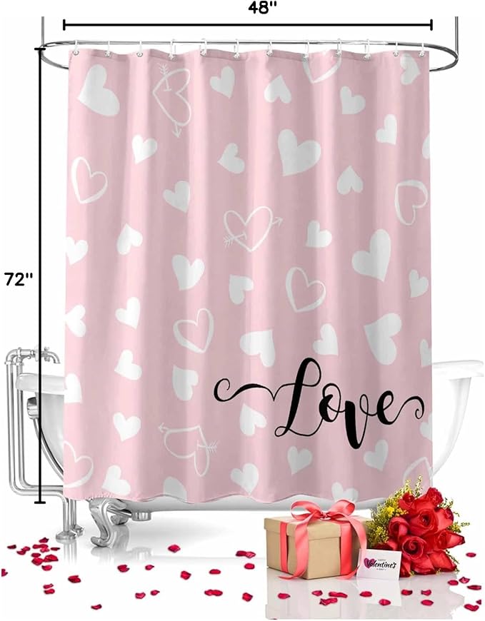 Vandarllin Pink Shower Curtain, Love Heart Shower Curtains Set with Hooks, Waterproof Fabric Bathroom Curtains Decor Home Accessories,Stall 48 X 72 Inch