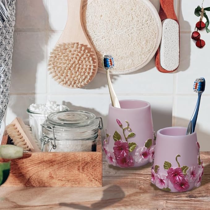 LUANT Pink 5 Pieces Bathroom Accessories Set, Bathroom Set Features, Soap Dispenser, Toothbrush Holder, Tumbler and Soap Dish - Girl Bathroom Gift Set with Blossom Flower