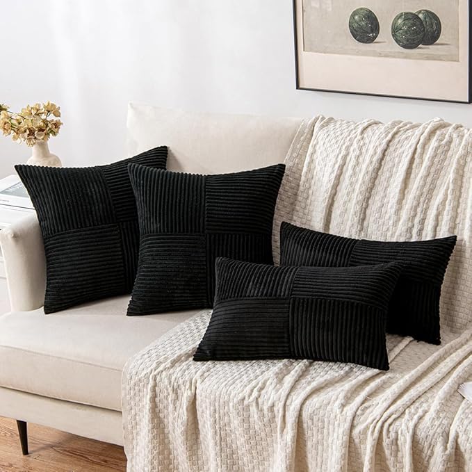 MIULEE Black Corduroy Pillow Covers Pack of 2 Boho Decorative Spliced Throw Pillow Covers Soft Solid Couch Pillowcases Cross Patchwork Textured Cushion Covers for Living Room Bed Sofa 24x24 inch