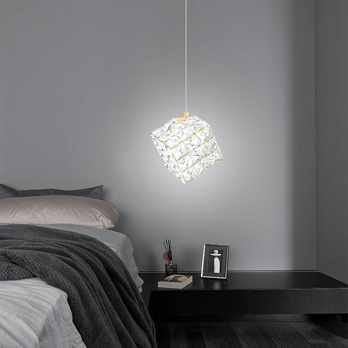 1-Light Modern Gold Pendant Light Fixtures for Kitchen Island Small Hanging Crystal Chandelier for Bedroom Entryway Living Room Foyer Hallway LED Dimmable Chandeliers for Dining Room