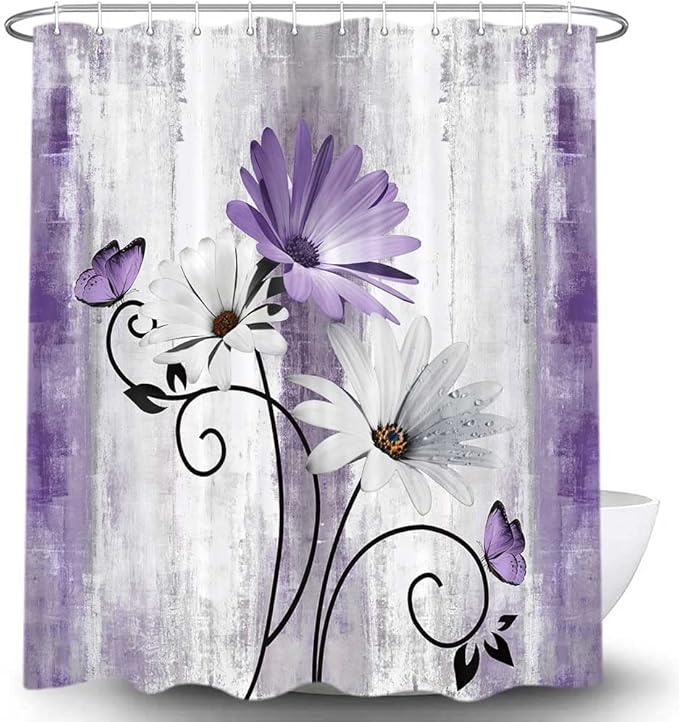 Rustic Farmhouse Shower Curtain, Farm Purple Daisy Floral Flowers and Butterfly on Country Wooden Shower Curtain for Bathroom, Violet Grey Bathroom Shower Curtains with 12PCS Hooks, 70X70IN