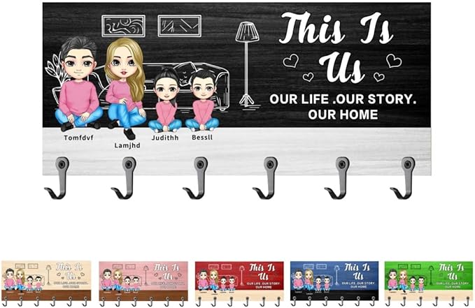 Personalized This is Us Family Key Holder Hooks Custom Name Portrait Wall Mounted Home Key Hanger for Entryway Hallway Organizer Hanger Housewarming Home Decor Gifts for Birthday Wedding