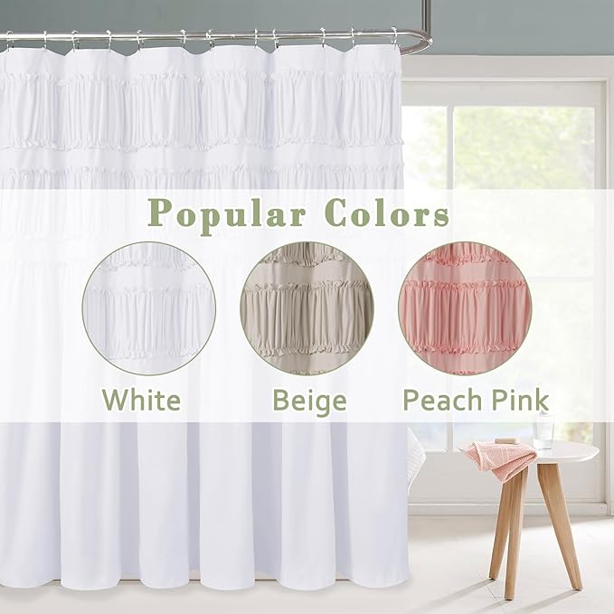 Elegant Ruffle White Shower Curtain 72" x 72", Ruched Microfiber Vintage Rustic Bath Curtain for Bathroom, Boho Farmhouse Bathroom Decor, Durable and Fade Resistant (LQ-38)