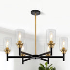 6 Light Dining Room Light Fixture Black & Brushed Brass Gold Farmhouse Chandelier Over Table Modern Hanging Pendant Lighting for Living Room Foyer Kitchen Adjustable Height E26 Socket