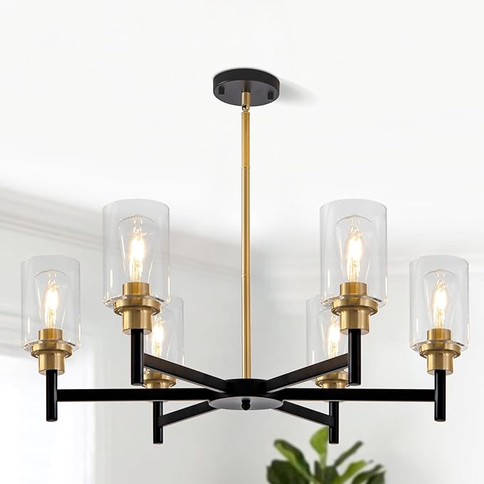 6 Light Dining Room Light Fixture Black & Brushed Brass Gold Farmhouse Chandelier Over Table Modern Hanging Pendant Lighting for Living Room Foyer Kitchen Adjustable Height E26 Socket