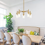 VINLUZ Retro Large Chandelier with Clear Glass Shade Metal Indoor Kitchen Island Pendant Lighting in Gold Finish Modern Light Fixture Hanging for Dining Room