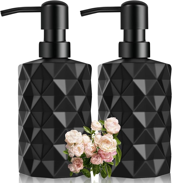 Black Glass Soap Dispenser with Pump, 11oz Diamond Design Hand Soap Dispenser, Refillable Lotion & Dish for Dishwashing Liquid, Lotion Shower Gel