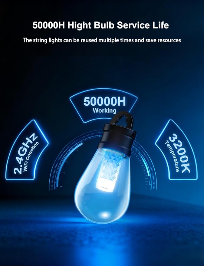 APPECK Smart Outdoor String Lights, 50ft RGBW Outdoor Patio Lights with 15 LED Bulbs, Extendable, 111 Scene Modes, IP65 Waterproof Lighting for Outside, Halloween Decor, Works with Alexa