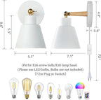 ClanKin Plug in Wall Sconces Lighting Fixture Set of 2, Bedside Wall Mounted Lamp for Industrial Bedroom Hallway Living Room (2 Pack White with 1.8M Plug in Cord)