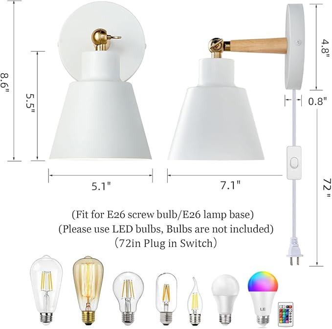 ClanKin Wall Sconces Lighting Fixture, Bedside Wall lamp for Industrial Bedroom, Bathroom Sink Lighting for Bedroom Hallway Living Room(1Pack-White with Plug in Swtich Cord)