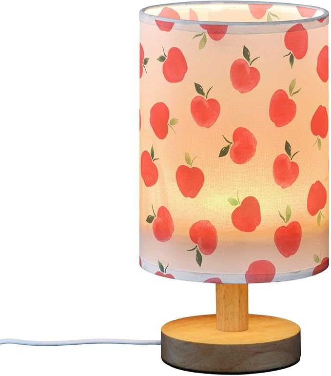 Table Lamp Watercolor Red Apple Pattern White Nightstand Lamp with Wood Base Fabric Lamp Shade Bedside Desk Lamp for Living Room Bedroom Kids Room Office