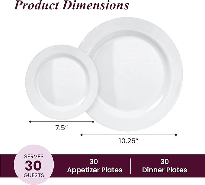 Pack of 60 White Plastic Plates - Aya's Heavy Duty Disposable Set of 30 Dinner and 30 Salad Plates - Durable Round Plastic Dinnerware Set for Parties and Events