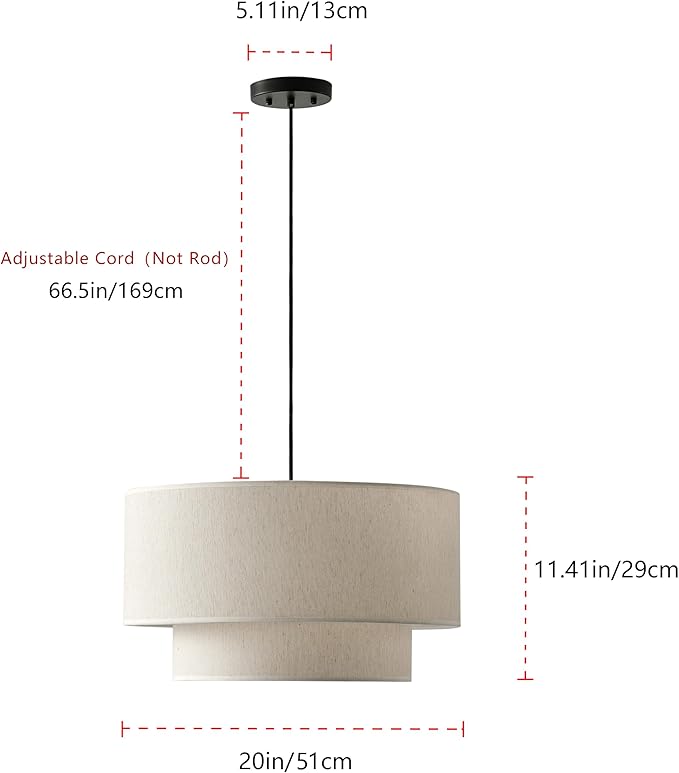 20" Farmhouse Pendant Light Fixtures, 2-Tier Drum Pendant Lighting with Linen Lampshade, 3-Light Modern Hanging Chandeliers for Dining Room, Living Room, Bedroom, and Kitchen