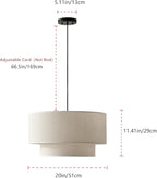 20" Farmhouse Pendant Light Fixtures, 2-Tier Drum Pendant Lighting with Linen Lampshade, 3-Light Modern Hanging Chandeliers for Dining Room, Living Room, Bedroom, and Kitchen