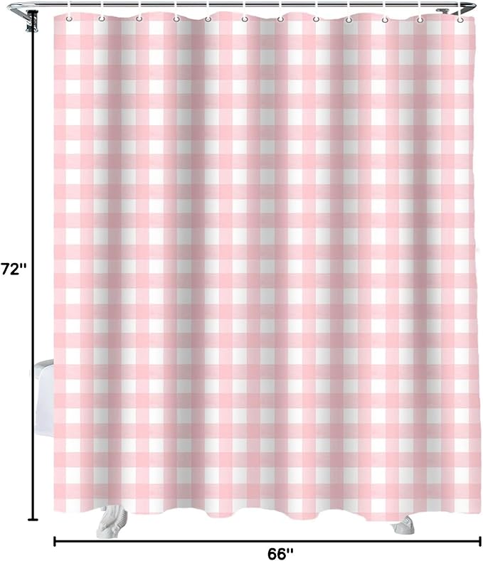 Christmas Shower Curtain, Rustic Pink White Buffalo Check Plaid Pattern Shower Curtains Set with Hooks, Farmhouse Waterproof Fabric Bathroom Curtains Decor Home Accessories,66 X 72 Inch Long