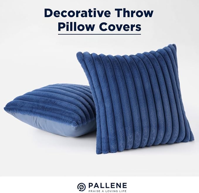 Pallene Faux Fur Plush Throw Pillow Covers 26x26 Set of 2, Luxury Soft Fluffy Striped Decorative Pillow Covers for Sofa, Couch, Living Room, Navy Blue