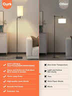 Floor Lamps for Living Room with 3 Color Temperatures, Modern Standing Tall Lamp for Bedroom, Square Linen Shade, Minimalist Pole Lamp for Office Kids Room Working Reading