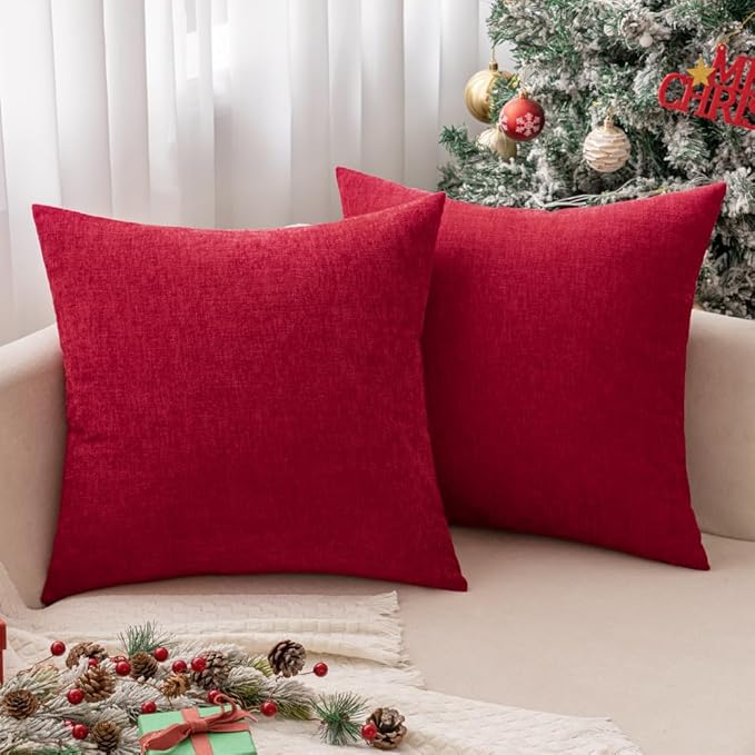 MIULEE Pack of 2 Christmas Red Couch Throw Pillow Covers 20x20 Inch Soft Polyester Chenille Pillow Covers for Sofa Living Room Solid Dyed Pillow