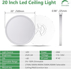 20 Inch Dimmable LED Flush Mount Ceiling Light, 40W,4350LM, 2700K/3000K/4000K/5000K/6000K CCT Selectable,White Round Flat Panel Low Profile Ceiling Light Fitures for Kitchen/Bedroom/Living Room