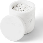 WORHE Marble Qtip Holder with Lid Natural Cotton Ball Container for Cotton Swabs,Makeup Sponges,Bath Salt Large Capacity Bathroom Canisters Jars for Countertop Storage and Organization White (WH051)