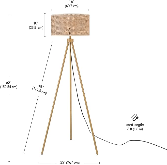 GLOBE Electric 65914 60" Floor Lamp, Faux Wood Tripod Base, Rattan Shade, On/Off Rotary Switch on Socket