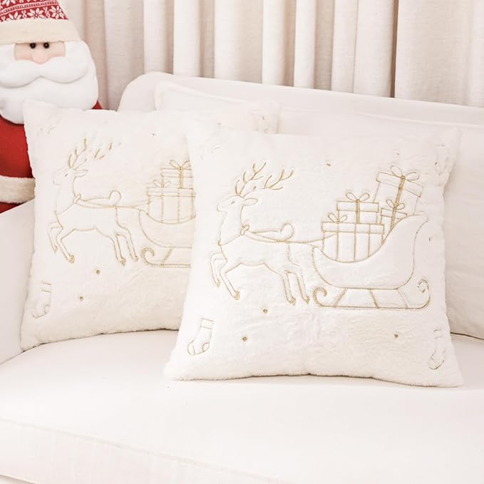 Christmas Embroidered Throw Pillow Cover - Soft Chenille Holiday Decorative Cushion for Xmas Tree Decor, Winter Home Decor, Cozy Living Room Bedroom Sofa (Reindeer, 22" x 22" (Pack of 2))