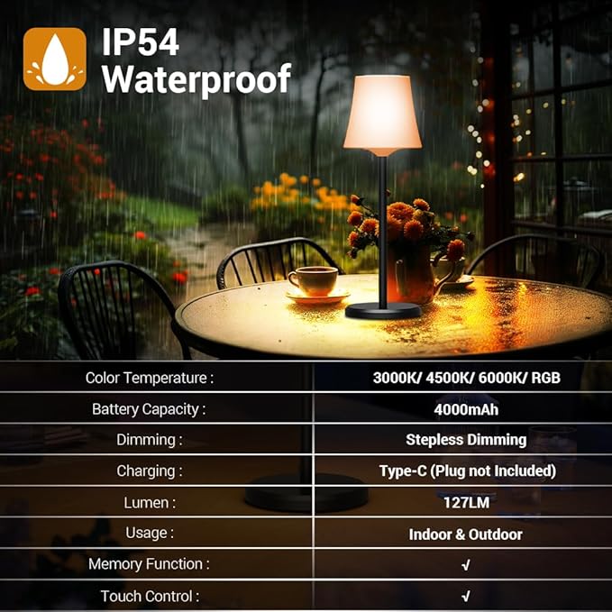 Cordless Table Lamp Rechargeable 2 Pack Wireless Touch Light Battery Operated 3 Color & RGB Stepless Dimmable Portable Led Waterproof Small Lamps for Kichen/Dining/Outdoor/Patio/Restaurant