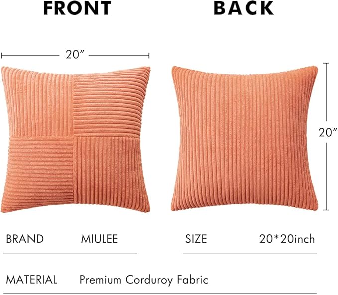 MIULEE Coral Red Corduroy Pillow Covers Pack of 2 Boho Decorative Spliced Throw Pillow Covers Soft Solid Couch Pillowcases Cross Patchwork Textured Cushion Covers for Living Room Bed Sofa 20x20 inch