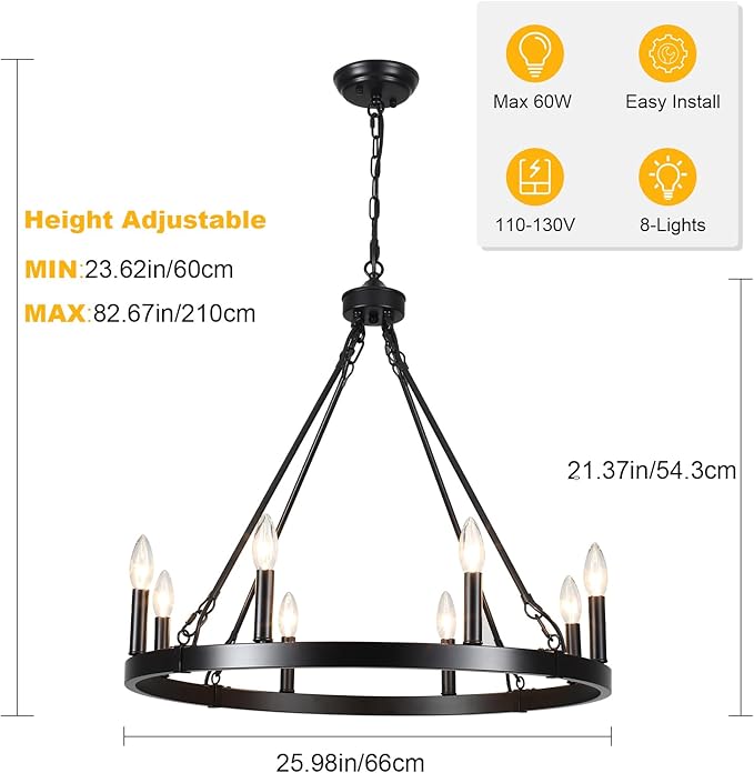 Black Wagon Wheel Chandelier Diam 26 inch 8 Light Black Farmhouse Chandeliers for Dining Room Rustic Round Pendant Light Fixtures for Living Room Kitchen Island Foyer Entryway