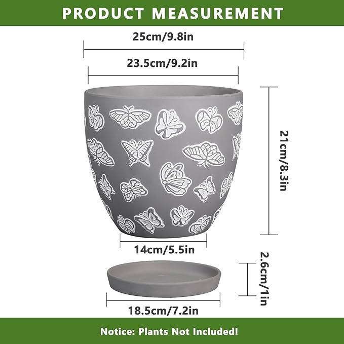 Pots for Plants 10 Inch - Ceramic Planter Indoor Plant Pots for Plants Large Flower Pot with Drainage Hole and Saucer for Outdoor Plants Home Garden Gray