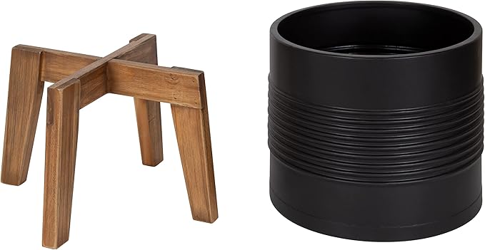 Kate and Laurel Gavri Farmhouse Freestanding Indoor Planter; 11.25 Inch Diameter; Black and Rustic Brown; Decorative Plant Stand with Wood Base and Iron Pot