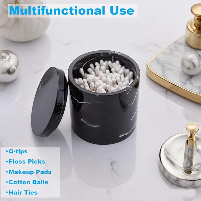 Cotton Swab Holder with Lid, Round Qtip Holder Bathroom Black Marble, Resin Cotton Ball Canister Jar Cosmetics Makeup Countertop Organizer Containers Canister Apothecary Jar, Marblized