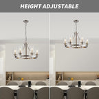 6-Light Modern Dining Room Light Fixture Brushed Nickel Kitchen Chandelier Ceiling Hanging Pendant Lighting with Glass Shade for Living Room Bedroom Entryway Adjustable Height Metal E26