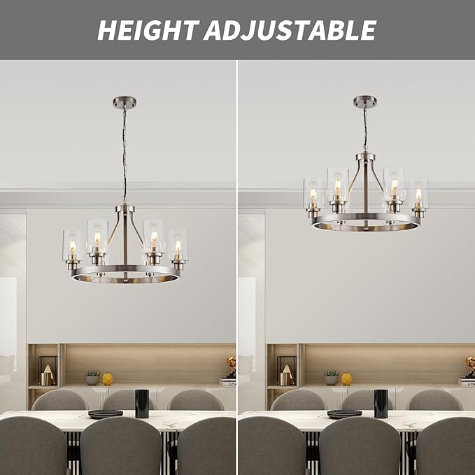 6-Light Modern Dining Room Light Fixture Brushed Nickel Kitchen Chandelier Ceiling Hanging Pendant Lighting with Glass Shade for Living Room Bedroom Entryway Adjustable Height Metal E26