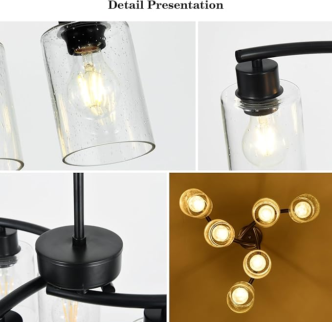 6-Light Modern Chandelier Black Chandeliers for Dining Room Seeded Glass Pendant Lights for Kitchen Island Living Room Foyer Bedroom E26 Base