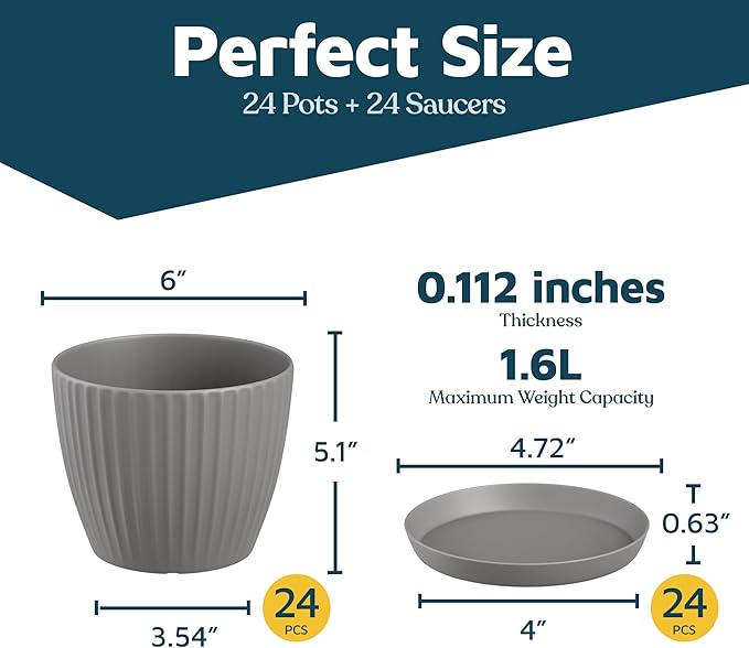 Gray 6-Inch Plant Pots with Drainage & Saucers 24 Pack, Indoor & Outdoor Planters for Houseplants, Herbs, and Flowers, Durable & Weatherproof Material, Stackable, Lightweight, Minimalist Design