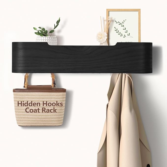Coat Rack Wall Mount with Hidden Hooks Entryway Hanging Shelf Modern Wood Coat Hanger for Bedroom Kitchen Hallway Bathroom (Black,16.6 Inch Long)