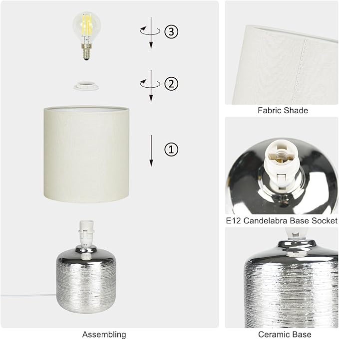 Lampwell Beno Small Table Lamp for Living Room as Bedside Table Lamp for Bedroom,Modern Ceramic Table Lamp,Kids Table Lamp,Night Table Lamp,Φ6.3×H11.81IN,Bulb Excluded,Grey Chrome Table Lamp