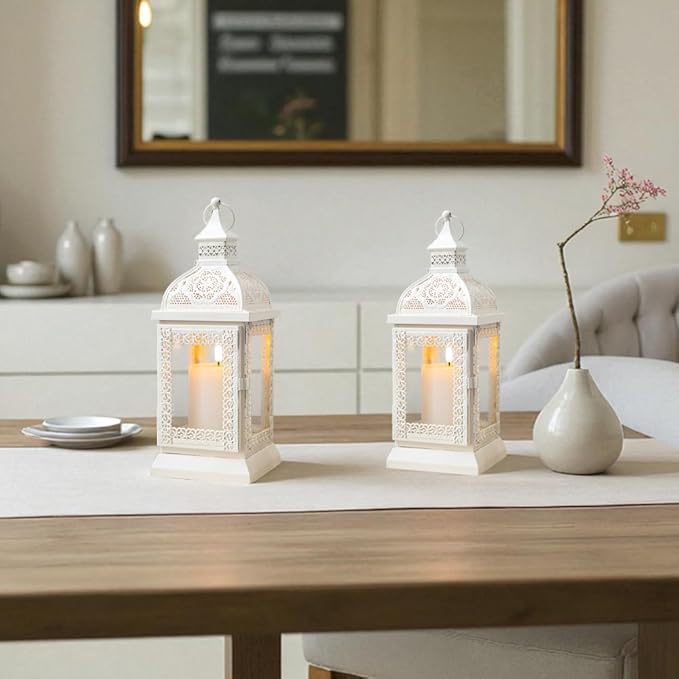 TRIROCKS Set of 2 Rustic Style Metal Candle Lantern 13'' High Decorative Outdoor Lantern Candle Holder with Tempered Glass for Home Living Room Garden Patio Parties Indoors Outdoors (Cream)