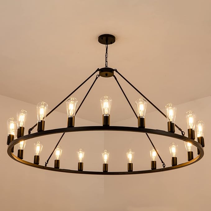 48” 20-Light Extra Large Wagon Wheel Chandelier, Round Black Rustic Farmhouse Chandelier Light Fixture for High Ceiling Living Room Dining Room Stairs Foyer- Adjustable Height Metal E26