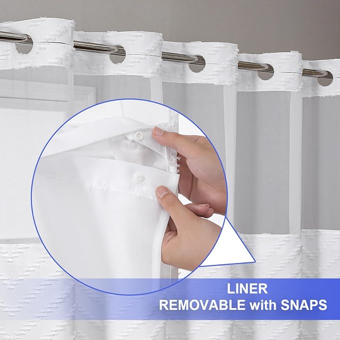 No Hook Shower Curtain Liner Set, Snap in Hookless Shower Curtain with Tassels, Ringless Chevron Tufted Fabric Boho Bathroom Curtains, Mesh Top Window Hotel Style Bath Curtains 74" x 71", White