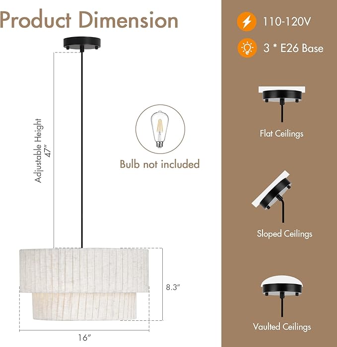 16 Inch Modern Farmhouse Chandelier – Layered Linen Strips Hanging Pendant Light, Dimmable Rustic Lighting Fixture for Dining Room, Kitchen Island, Living Room, Entryway, Foyer
