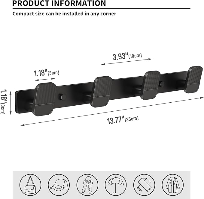 Coat Rack Wall Mount Coat Hooks - Black Hook Rack with 4 Hooks Aluminum Wall Rack Hooks for Hanging Coat Hat Bag Towel Hanger Rustproof Coat Holder