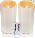 Homemory 4" x 8" Waterproof Outdoor Flameless Candles, Battery Operated Flickering LED Pillar Candles with Remote and Timers for Indoor Outdoor Lanterns, Long Lasting, Large, Dark Ivory, Set of 2