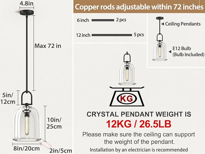 Crystal Black Pendant Light Fixtures, Modern 8inch Pendant Lights Kitchen Island, Island Lights for Kitchen,Crystal and Black Pendant Light, Indoor Pendant Lighting,E12 Bulb Included