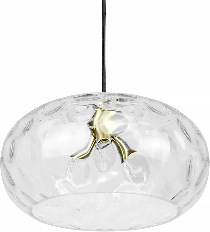 Large Glass Pendant Lighting, 14" Hammered Lampshade Hanging Lamp, 3-Light Brass Gold Chandelier for Dining Living Room Kitchen Island (Clear Glass Shade, 14 Inches)