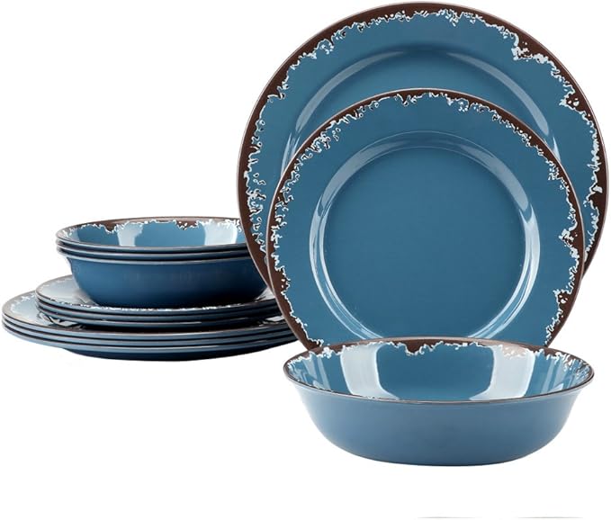 Melamine Dinnerware Set - Yinshine 12-Piece Dishes Set,Shatterproof Plates and Bowls Sets, Lightweight,Unbreakable,Dishwasher Safe,Blue